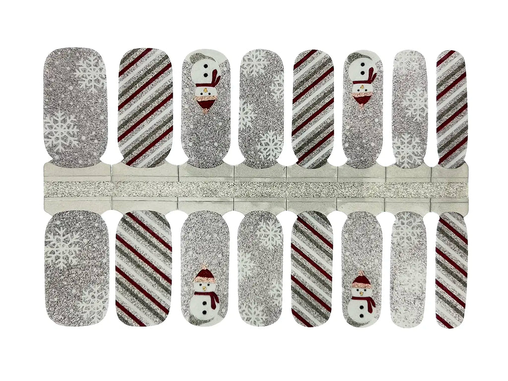 Silver Glitter Stripes and Snowmen - Nail Wrap Set
