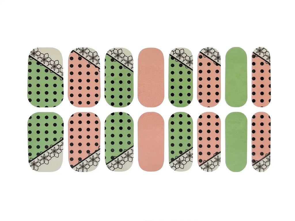 Pink and Green Dots with Flowers - Nail Wrap Set