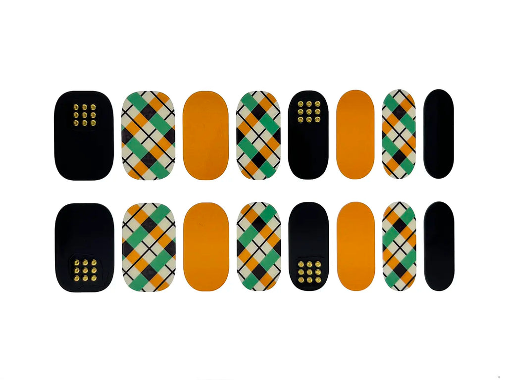 Orange, Green Plaid with Black and Gold Dots - Nail Wrap Set