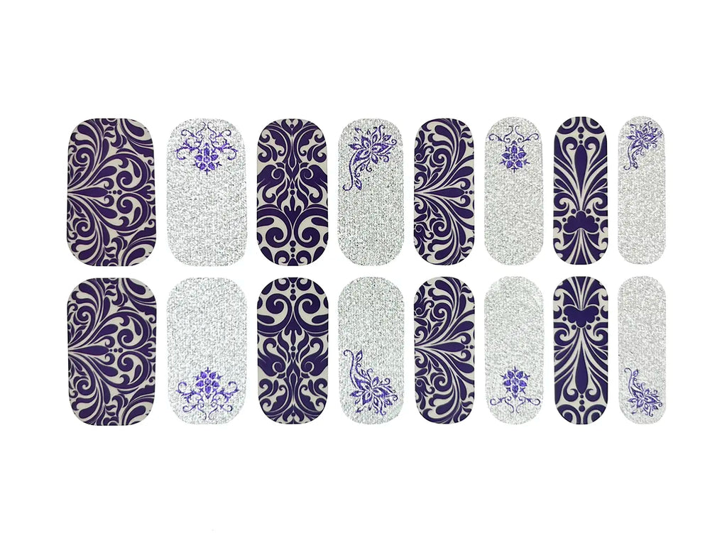 Ornate Purple Flower and Silver Glitter - Nail Wrap Set