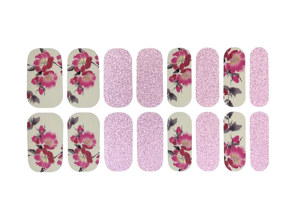 Watercolor Flowers and Pink Glitter - Nail Wrap Set