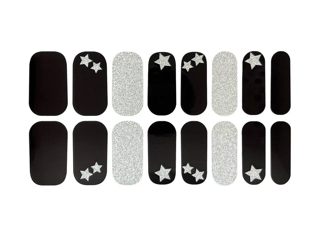 Black and Silver Glitter Stars - Nail Wrap Set