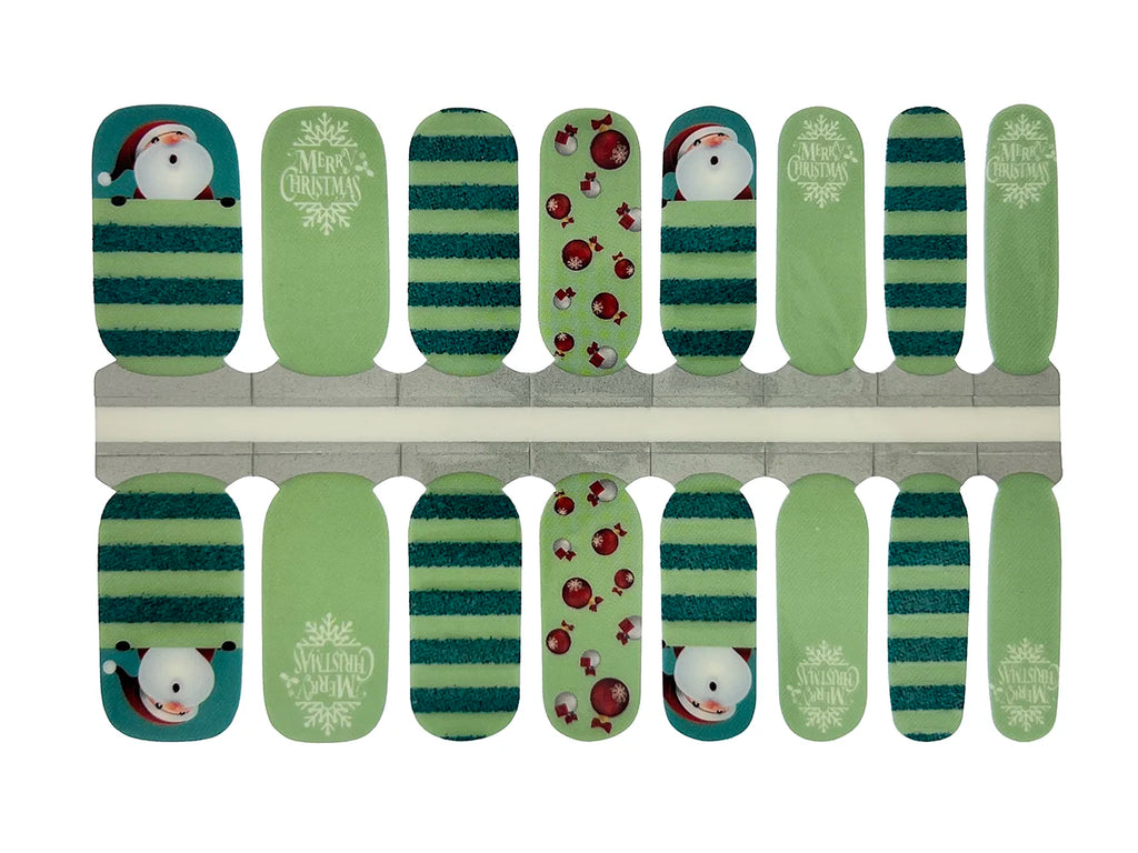 Green Minty Merry Christmas Santa Glitter Stripes - Nail Wrap Set