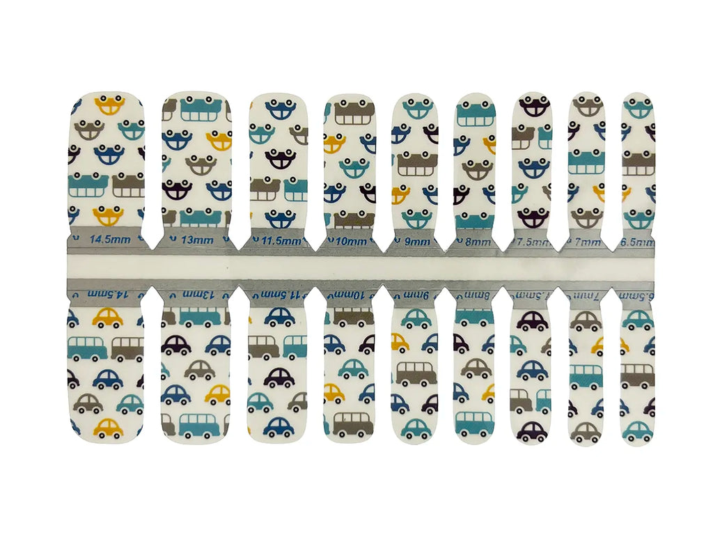 White, Gray, Blue and Yellow Bus and Cars - Kids Nail Wrap Set
