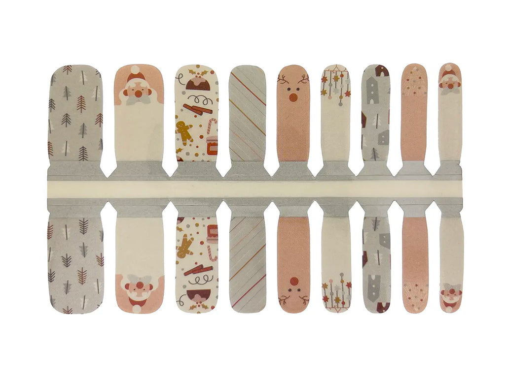 Silver, Rose Gold and White Santa Hat, Gingerbread and Reindeer - Kids Nail Wrap Set