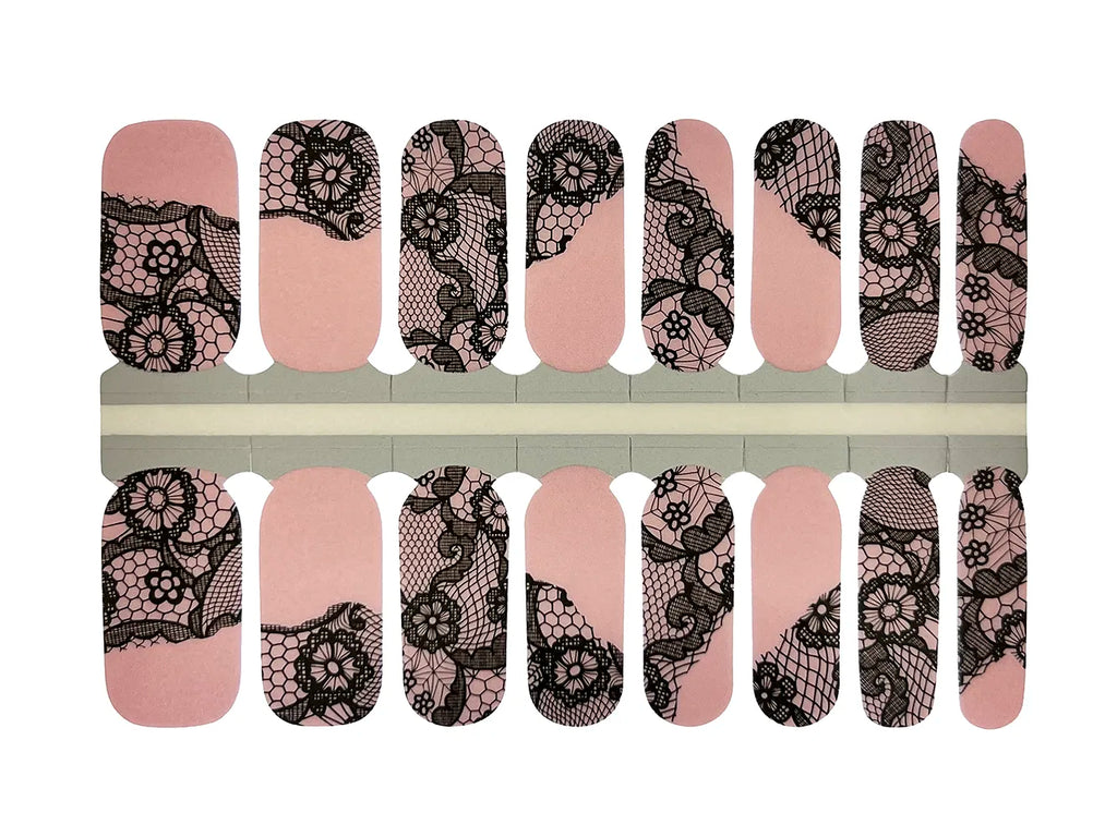 Pink Shimmer and Black Flower Lace - Nail Wrap Set