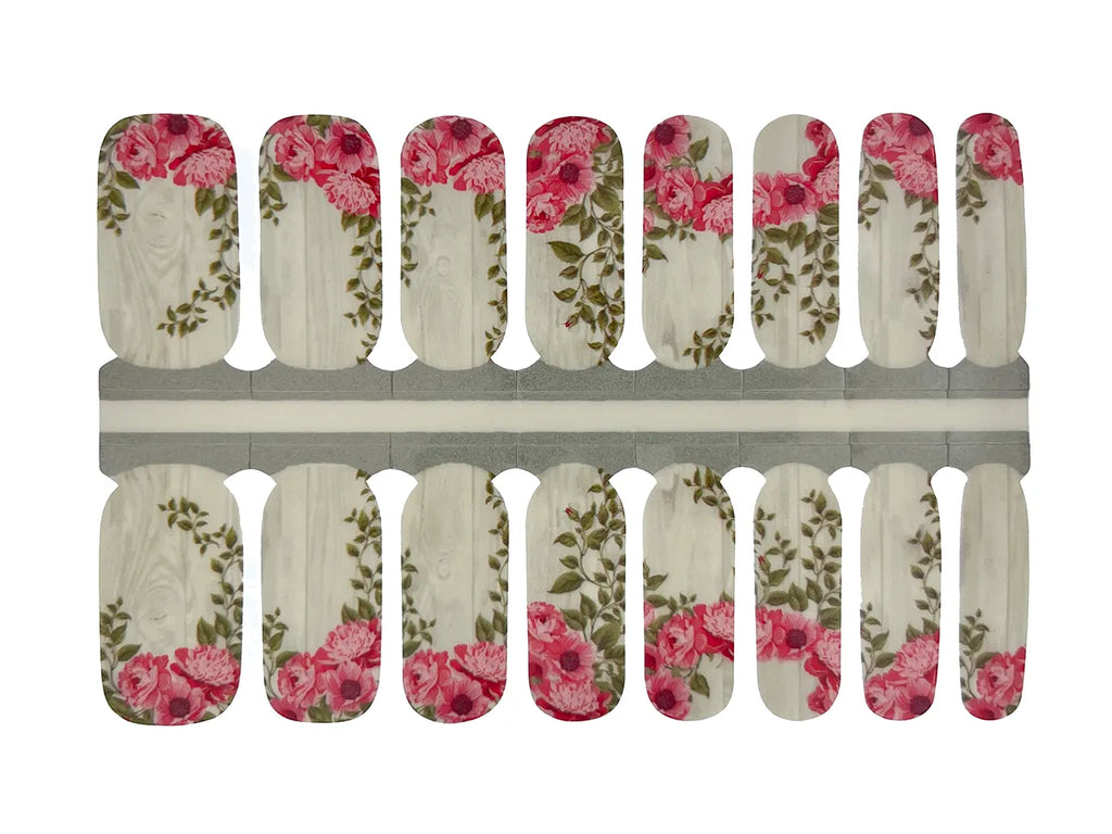 White, Pink and Green Floral Woodgrain - Nail Wrap Set