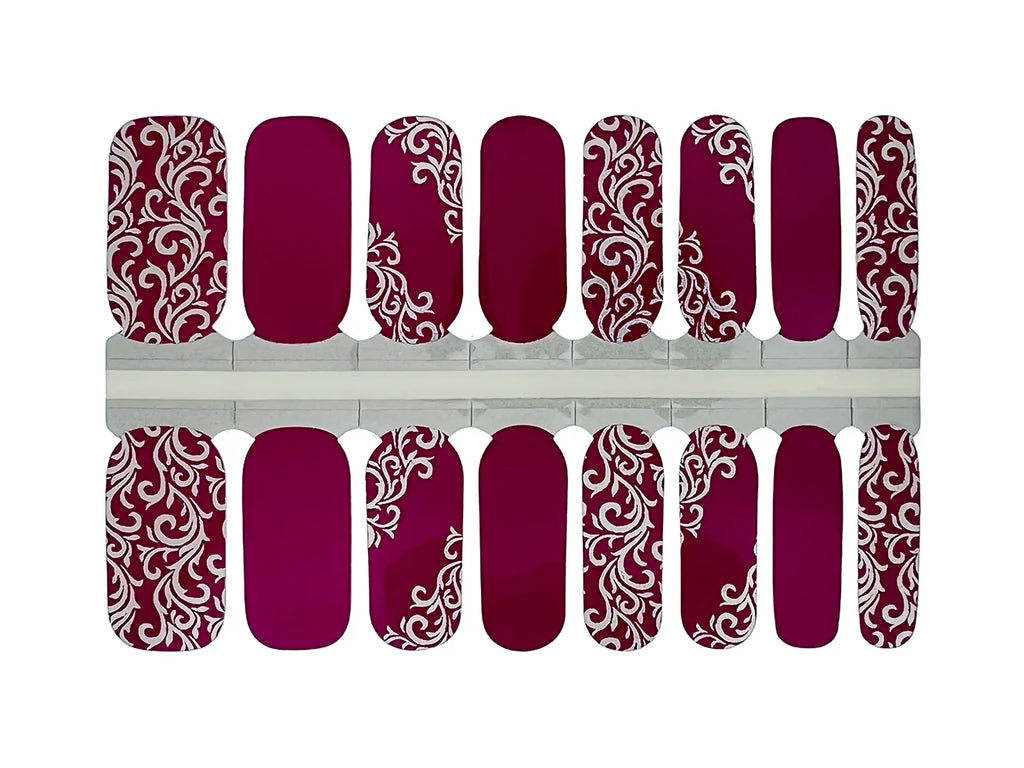 Magenta Floral Scroll and Solid - Nail Wrap Set