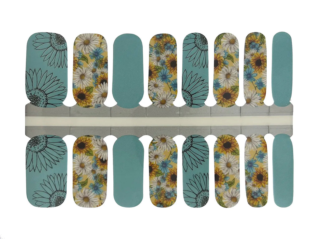 Blue and Yellow Daisies and Solid - Nail Wrap Set